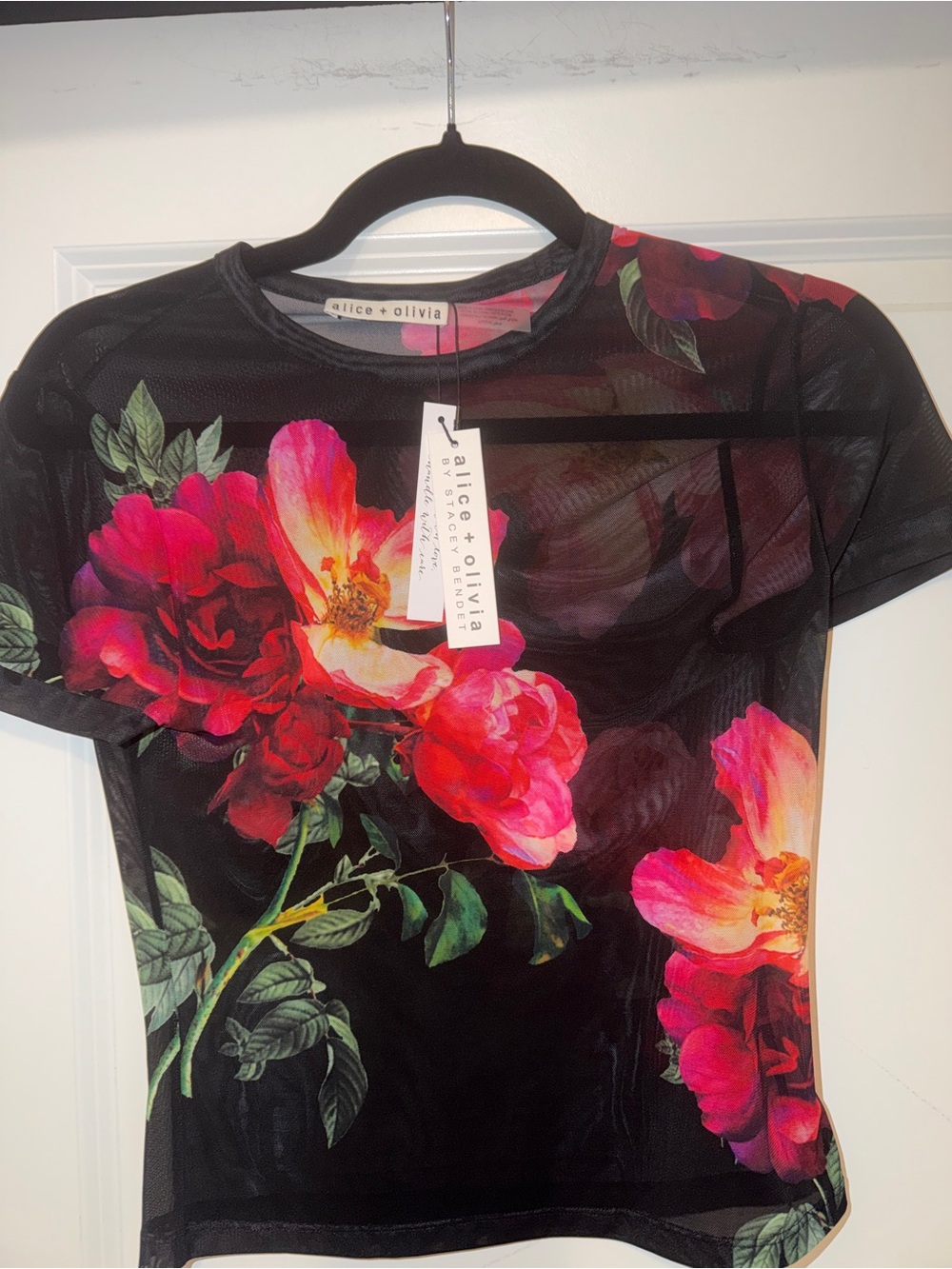 Alice + Olivia Black Mesh Tee with Pink & Red Floral Print